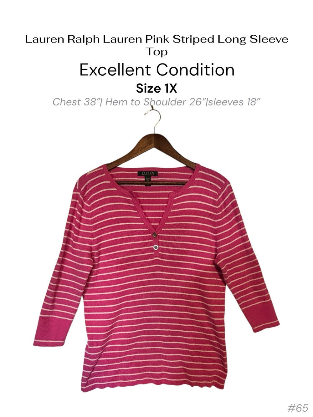 Lauren Ralph Lauren Pink Striped V-Neck Long Sleeve Top 1X
